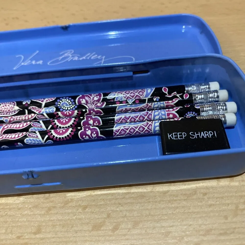 VERA BRADLEY Pencil Tin Alpine Floral Set of 4 Pencils Sharpener School Office